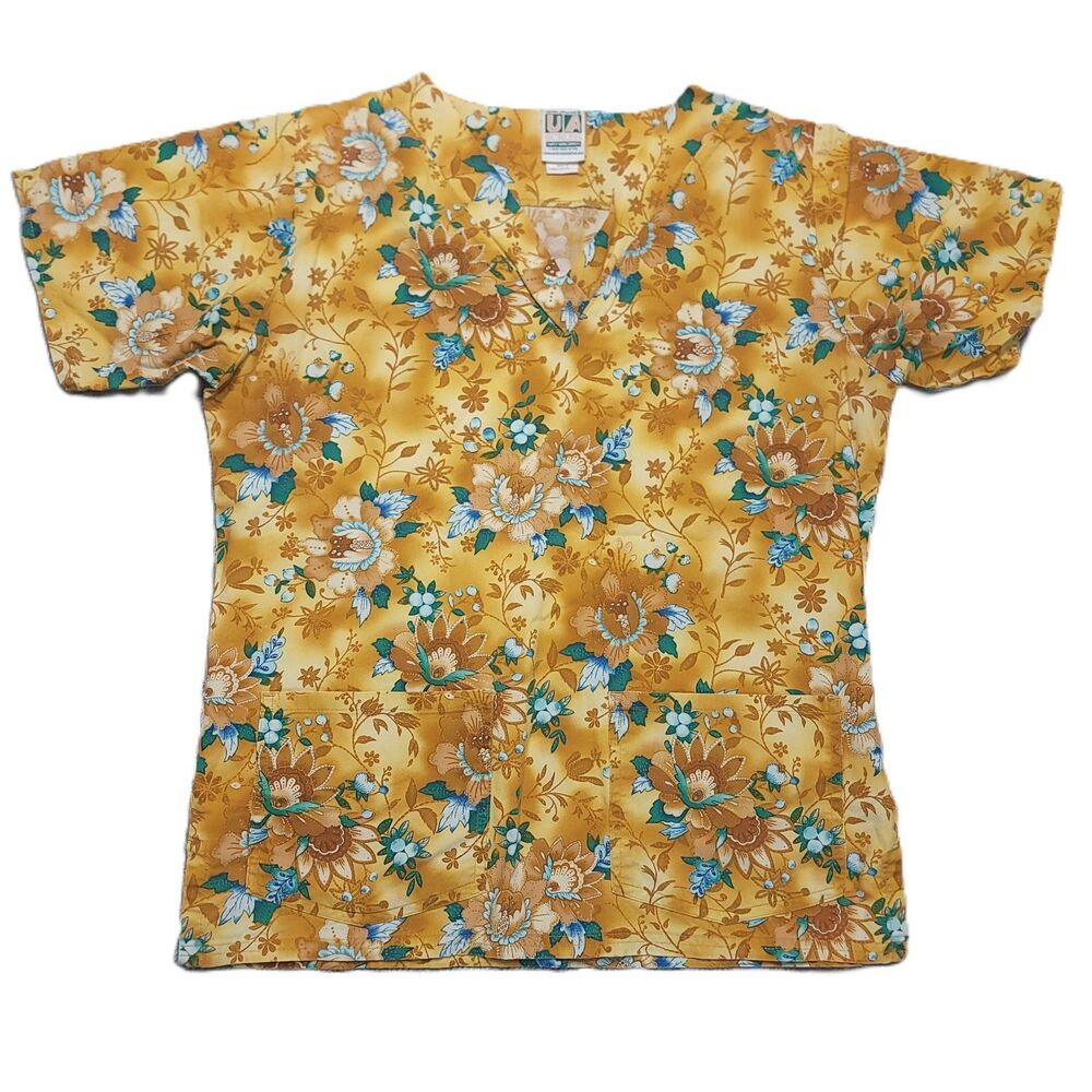 Uniform Advantage Scrub Top Womens S Yellow Floral Short Sleeve V Neck Pockets
